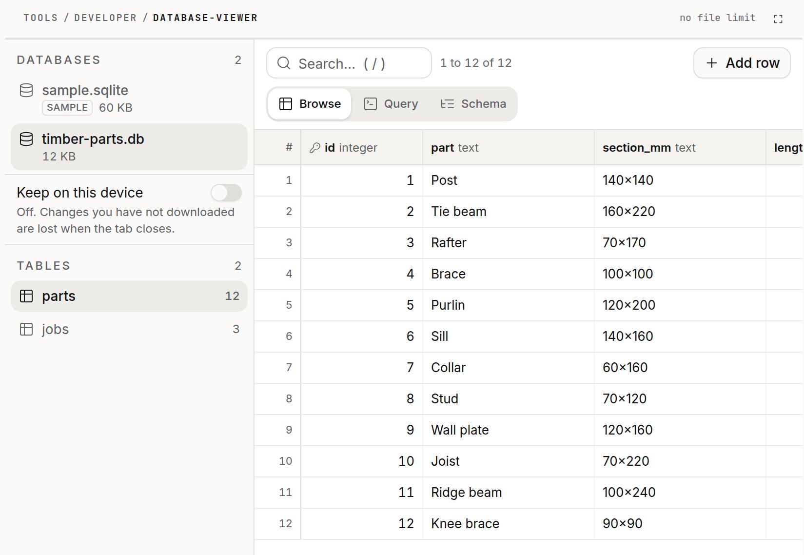 A sample SQLite file of timber parts open in the BrowserBasedTools database viewer, with its tables and rows