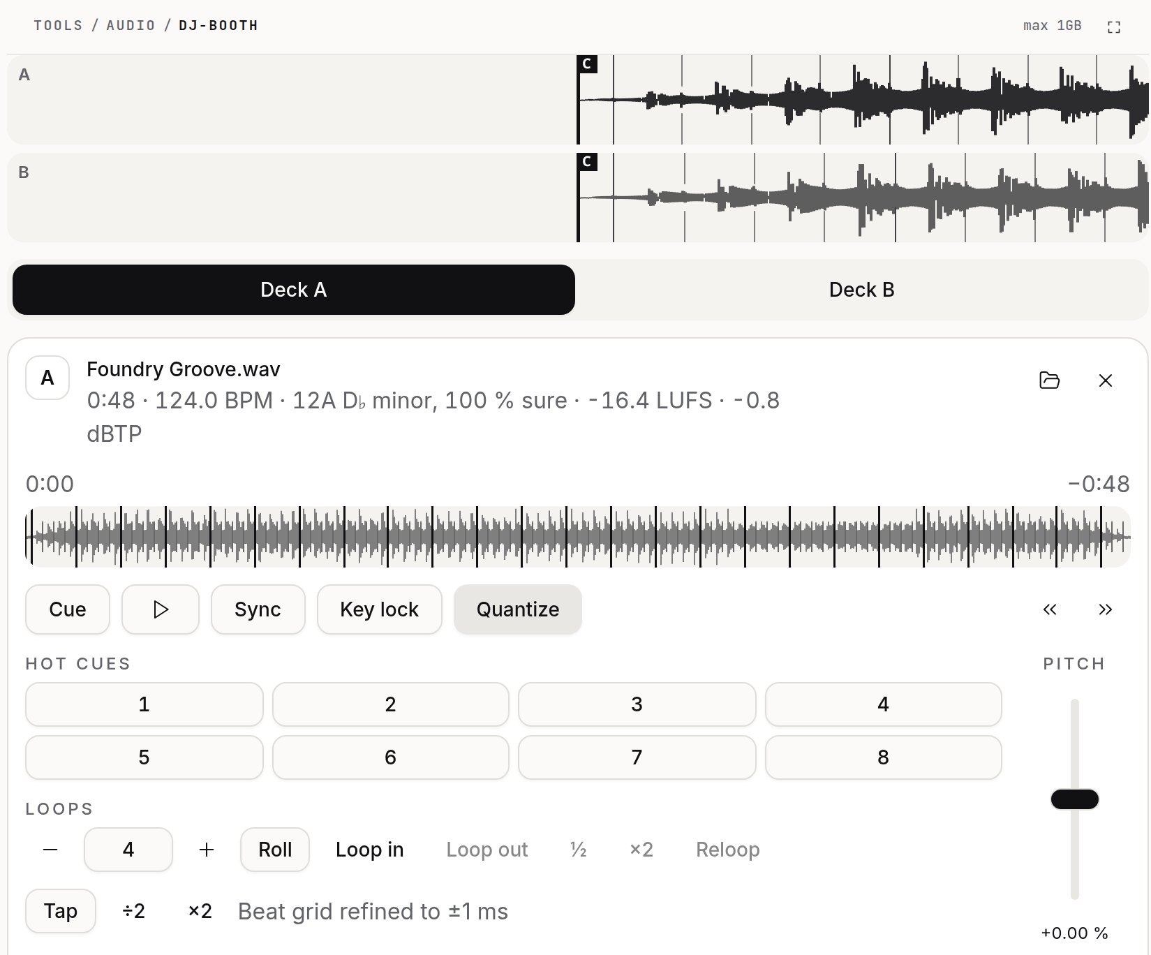 The DJ Booth on BrowserBasedTools with two tracks loaded, tempo and key measured, hot cues and loop controls