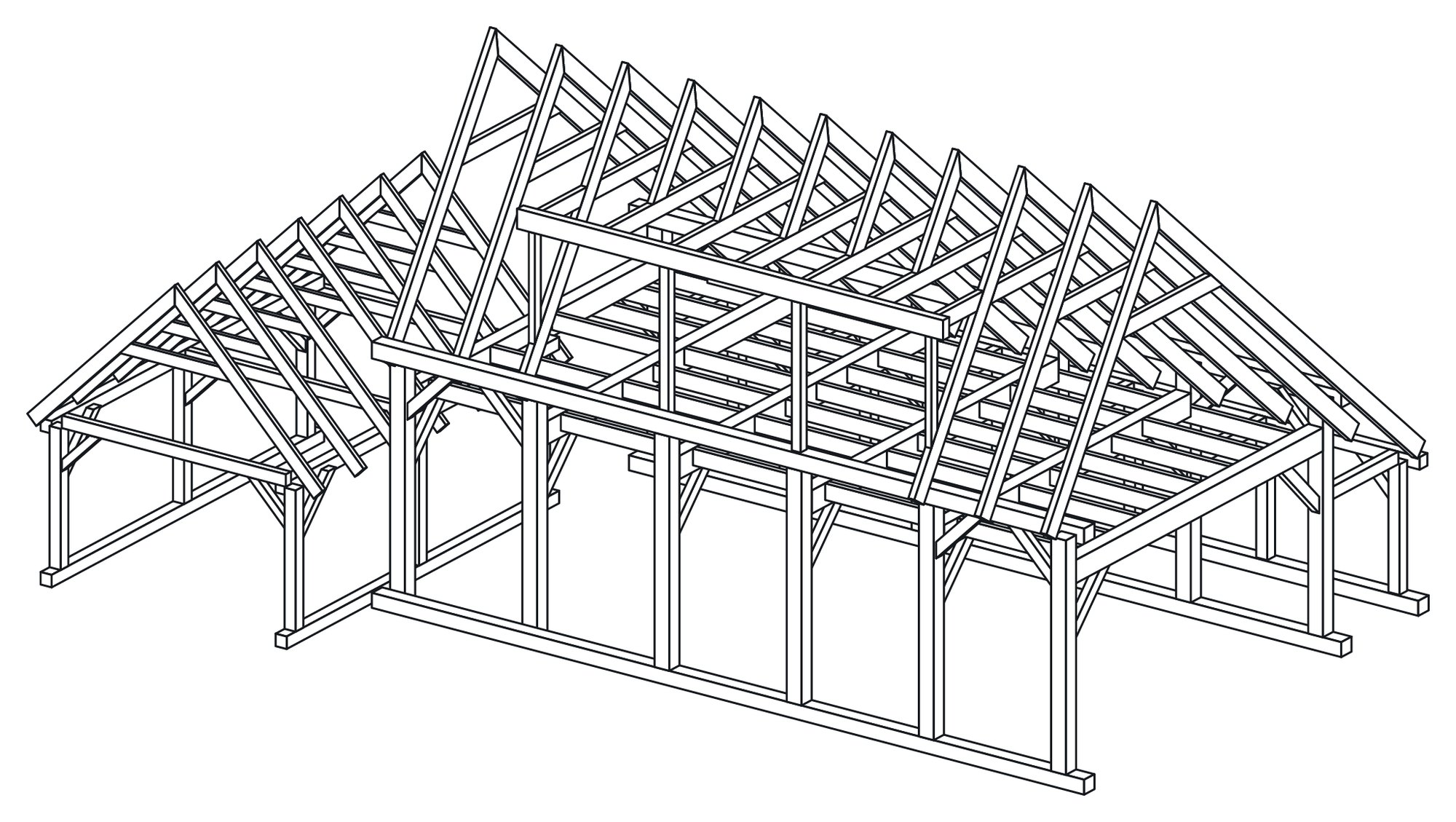 A timber house frame of six bents with rafters and braces, drawn by Boomkikker from one of its example projects