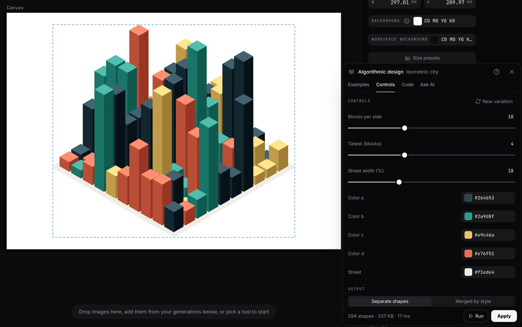 An isometric city of coloured blocks drawn by Popcorn's Isometric city example, with sliders for blocks, height and street width