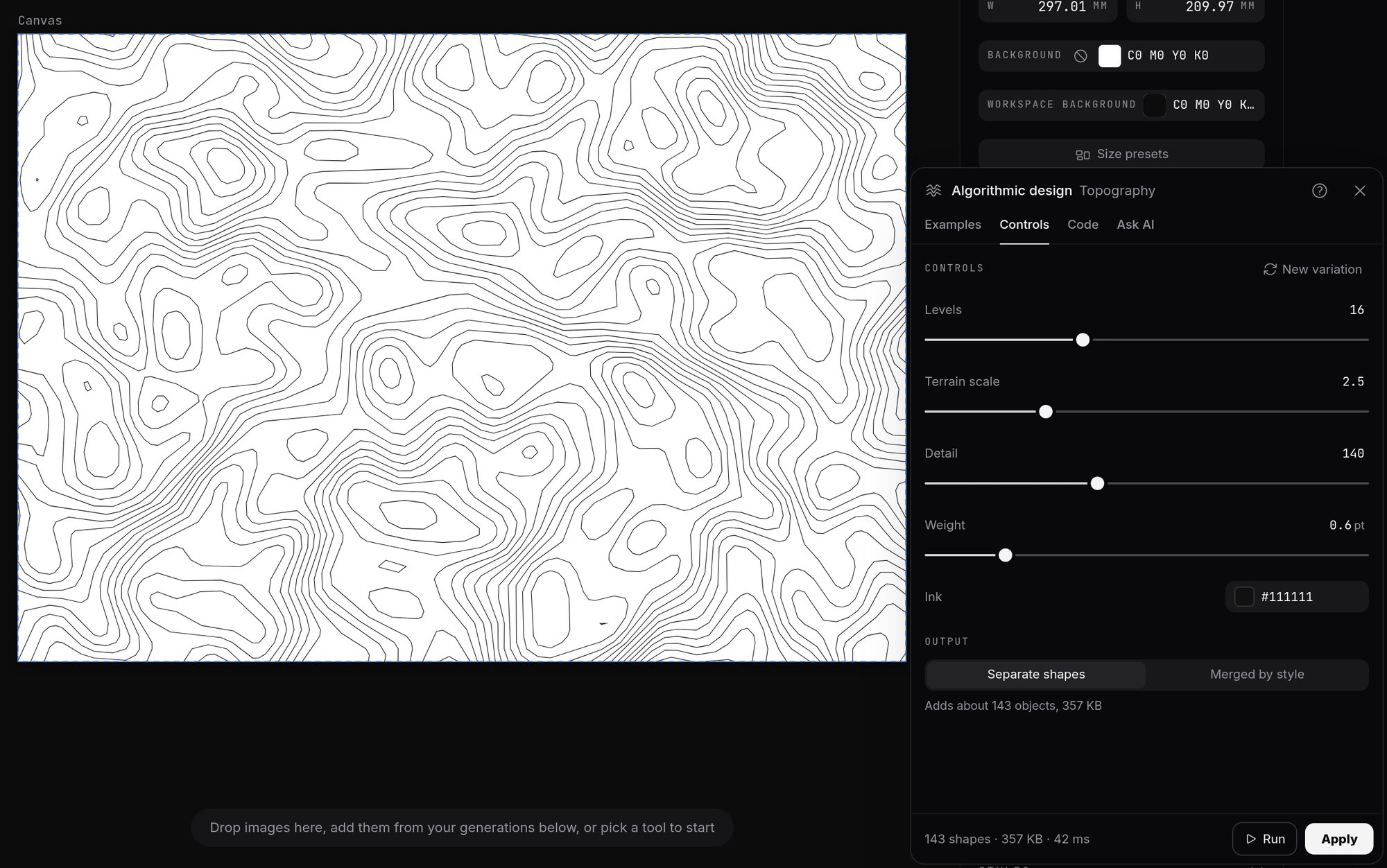 Popcorn's Algorithmic design panel drawing a topographic contour map, with sliders for levels, terrain scale, detail and line weight