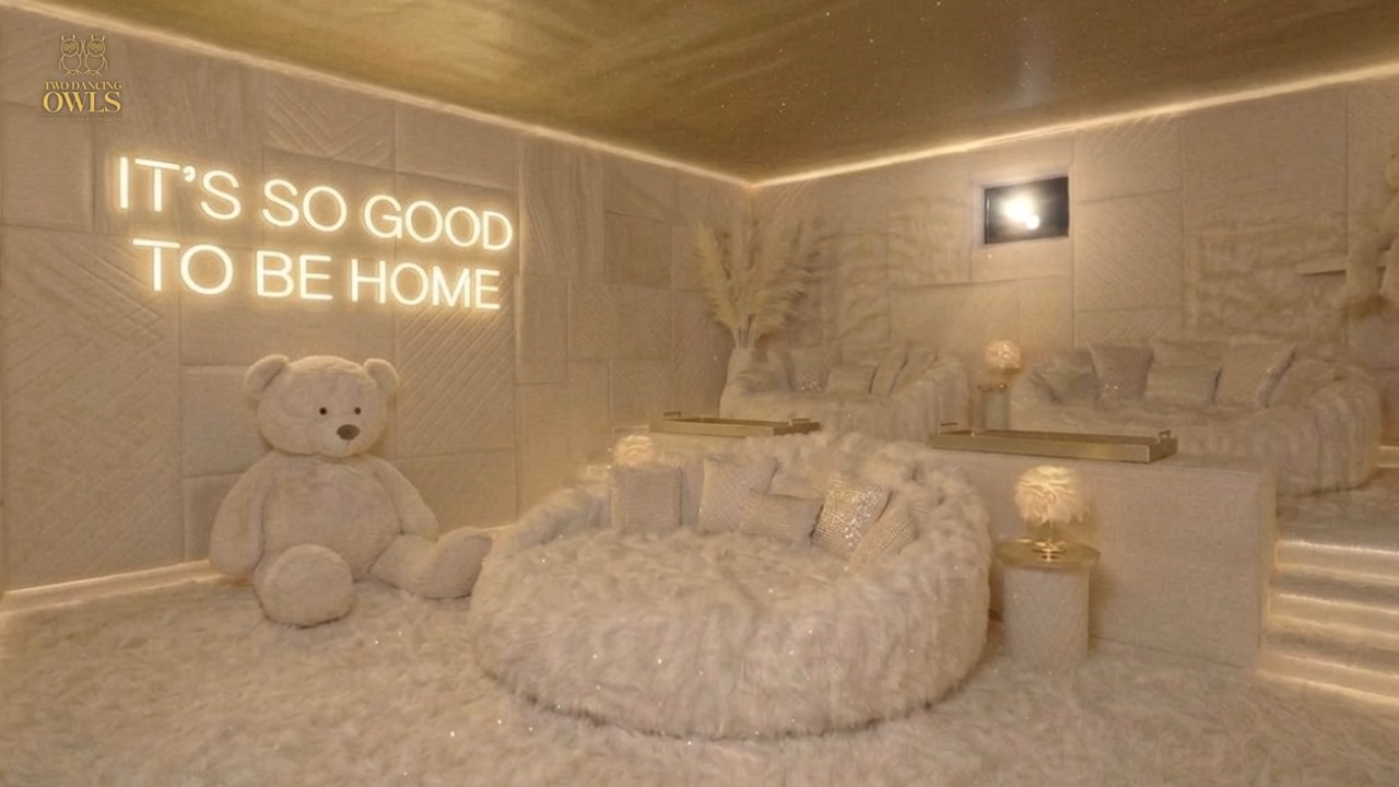 Round fur lounge and a large teddy bear in The Nest