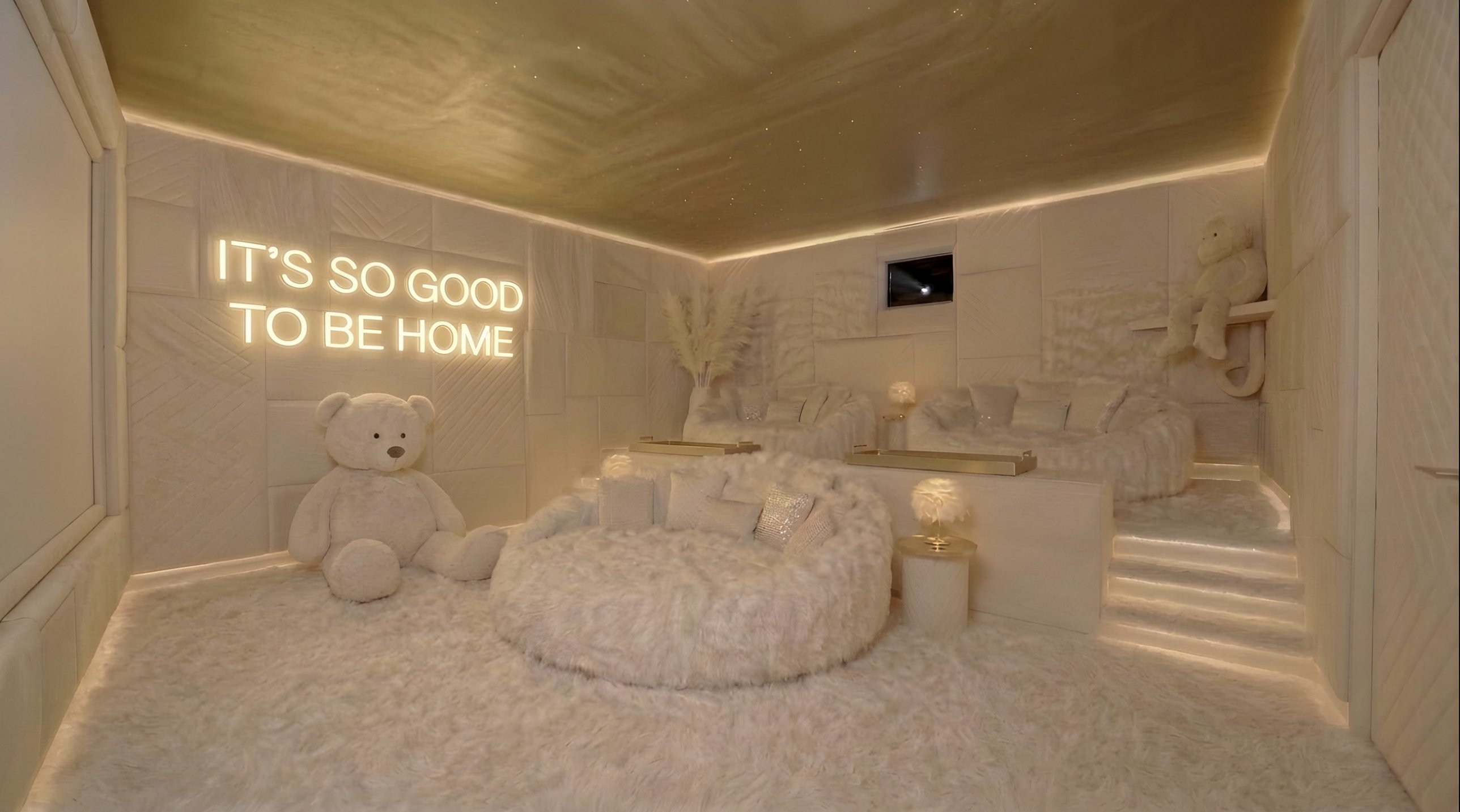 The Nest: a cream private cinema with faux-fur loungers and a star ceiling