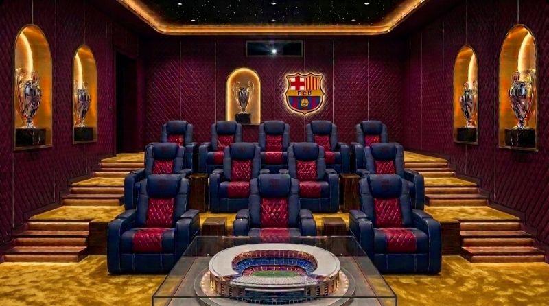 Private cinema with models of Parc des Princes and Camp Nou under glass