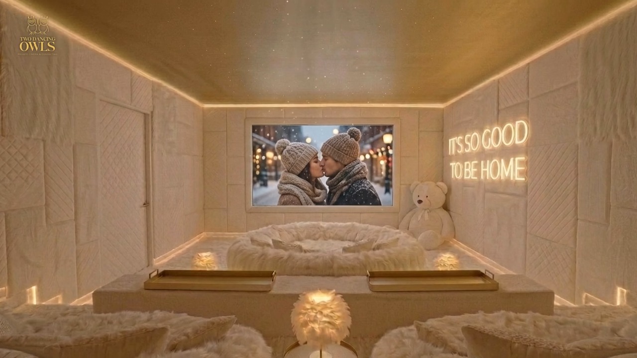 The Nest: a cream cinema with a fur lounge, a teddy bear and a neon sign reading It's so good to be home