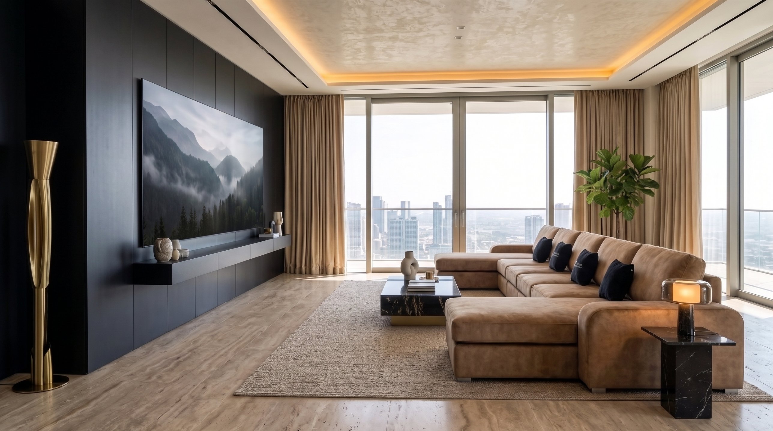 Luxury media room with lounge seating and a large screen