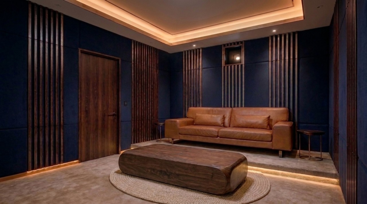 Midnight blue private cinema with walnut and brass slats and a velvet framed screen