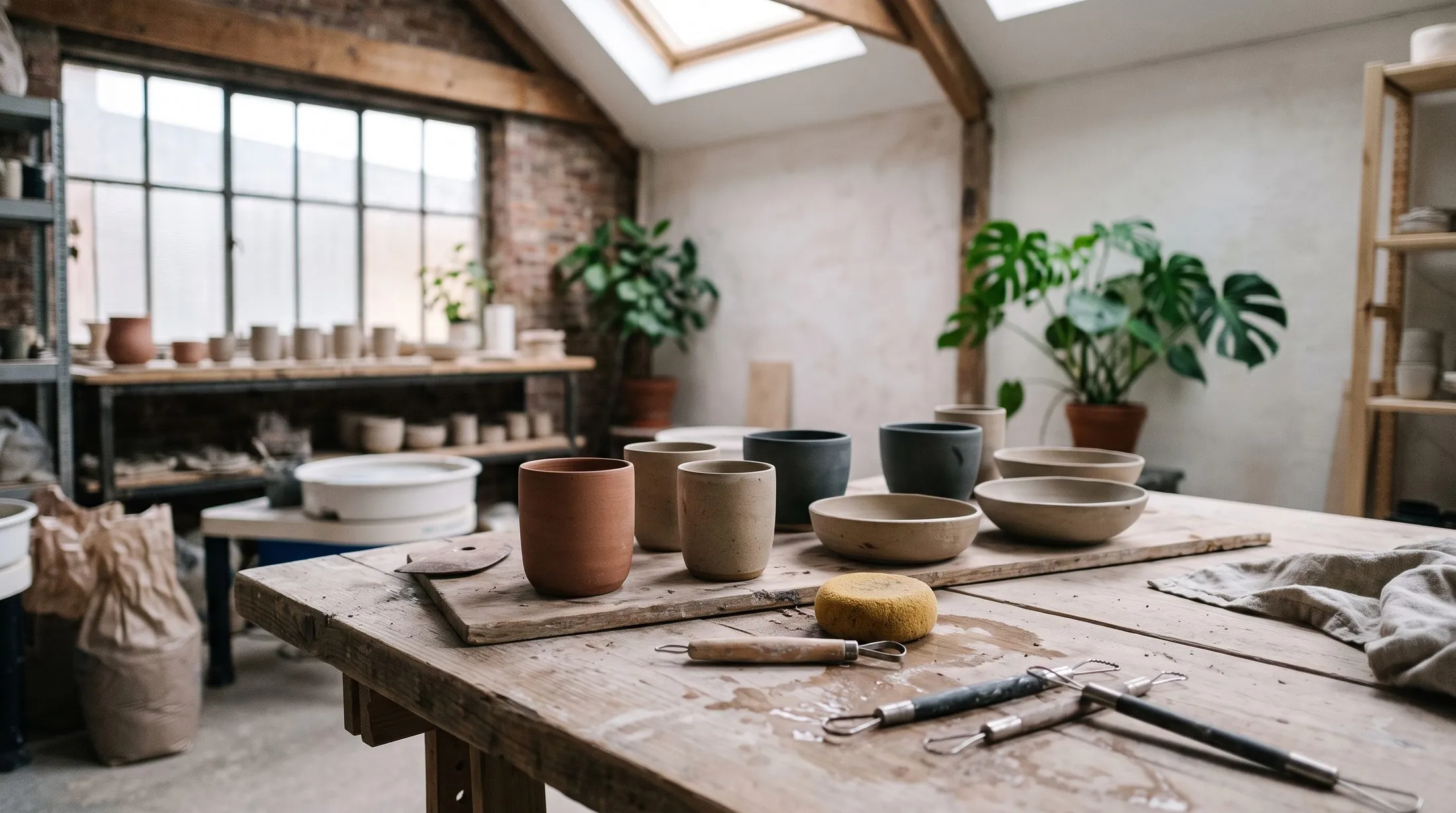 Unglazed cups and bowls drying in rows on a worn timber worktable