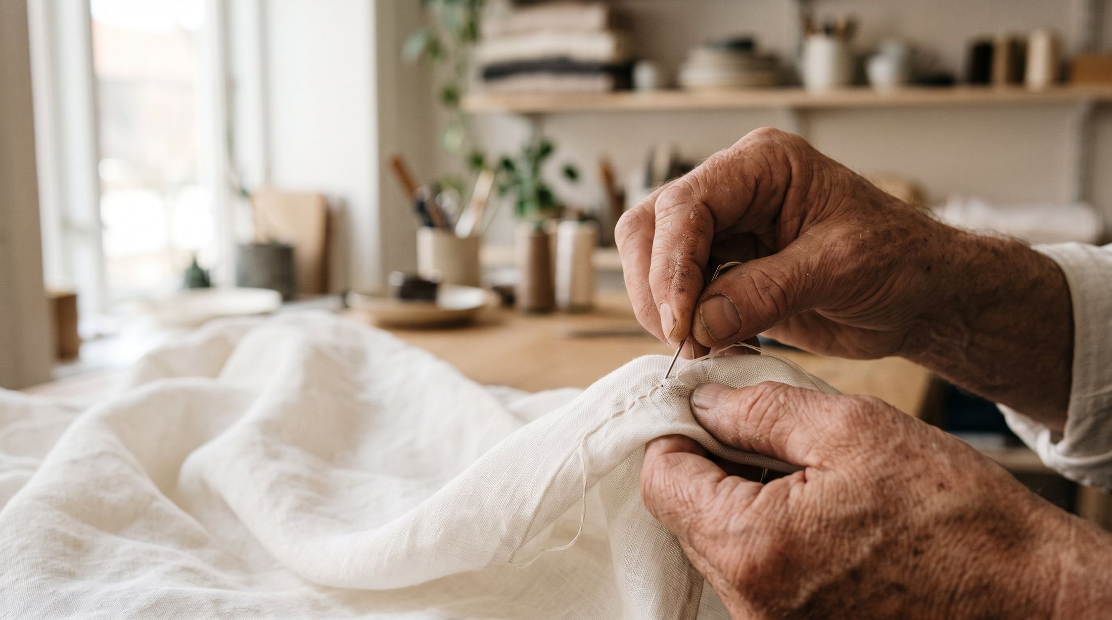Hands repairing a linen garment by needle and thread