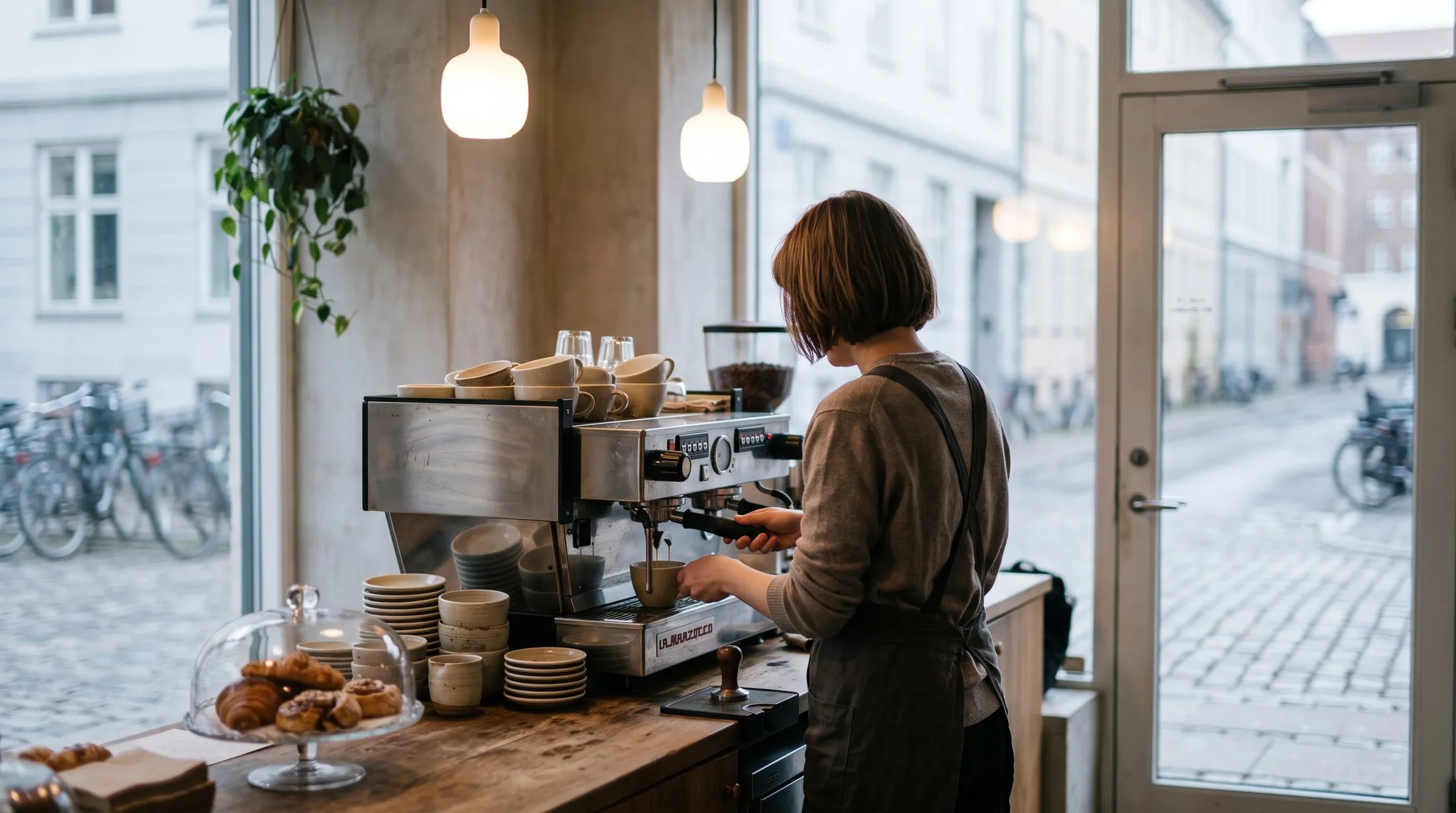 A coffee shop looking onto the street and the bicycles, someone working behind the espresso machine