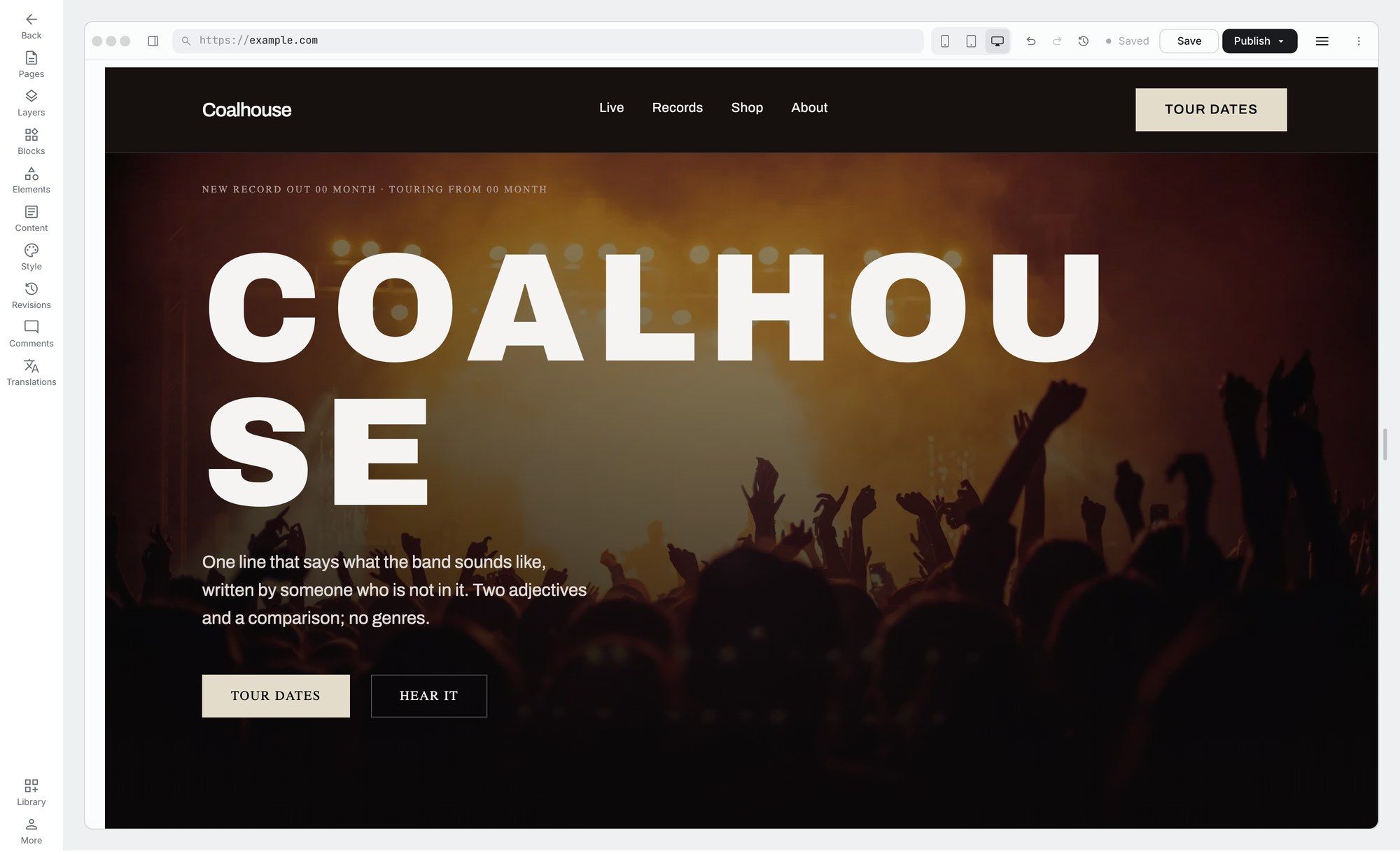 The PageWebPro editor with a band site open, the page rendering live on the canvas