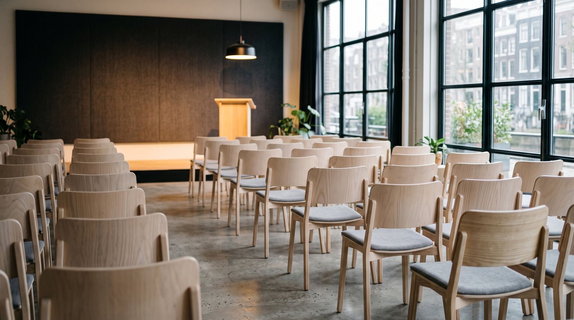 An empty talk venue with pale timber seating angled toward a lit stage
