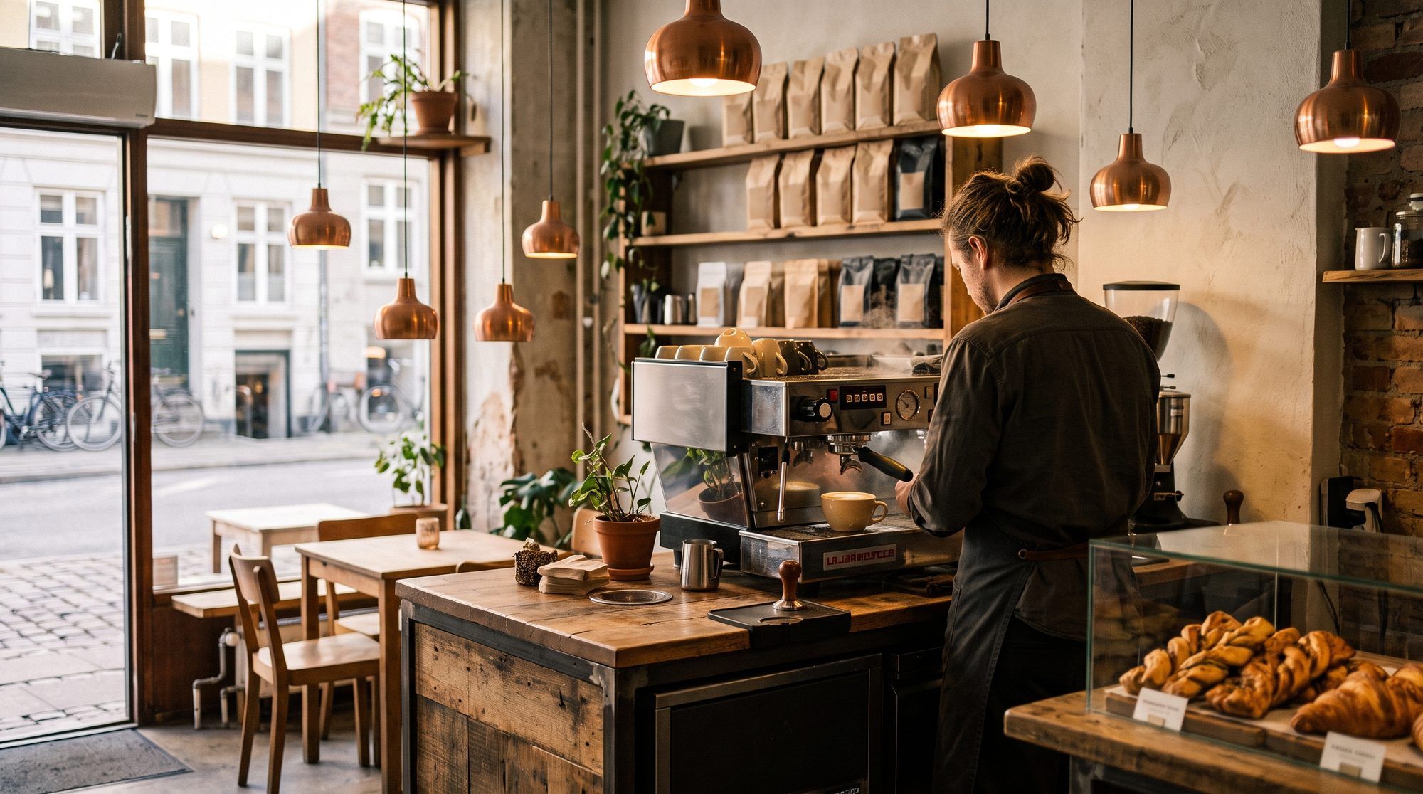 A coffee shop interior in morning light, retail shelves and copper lamps over the counter