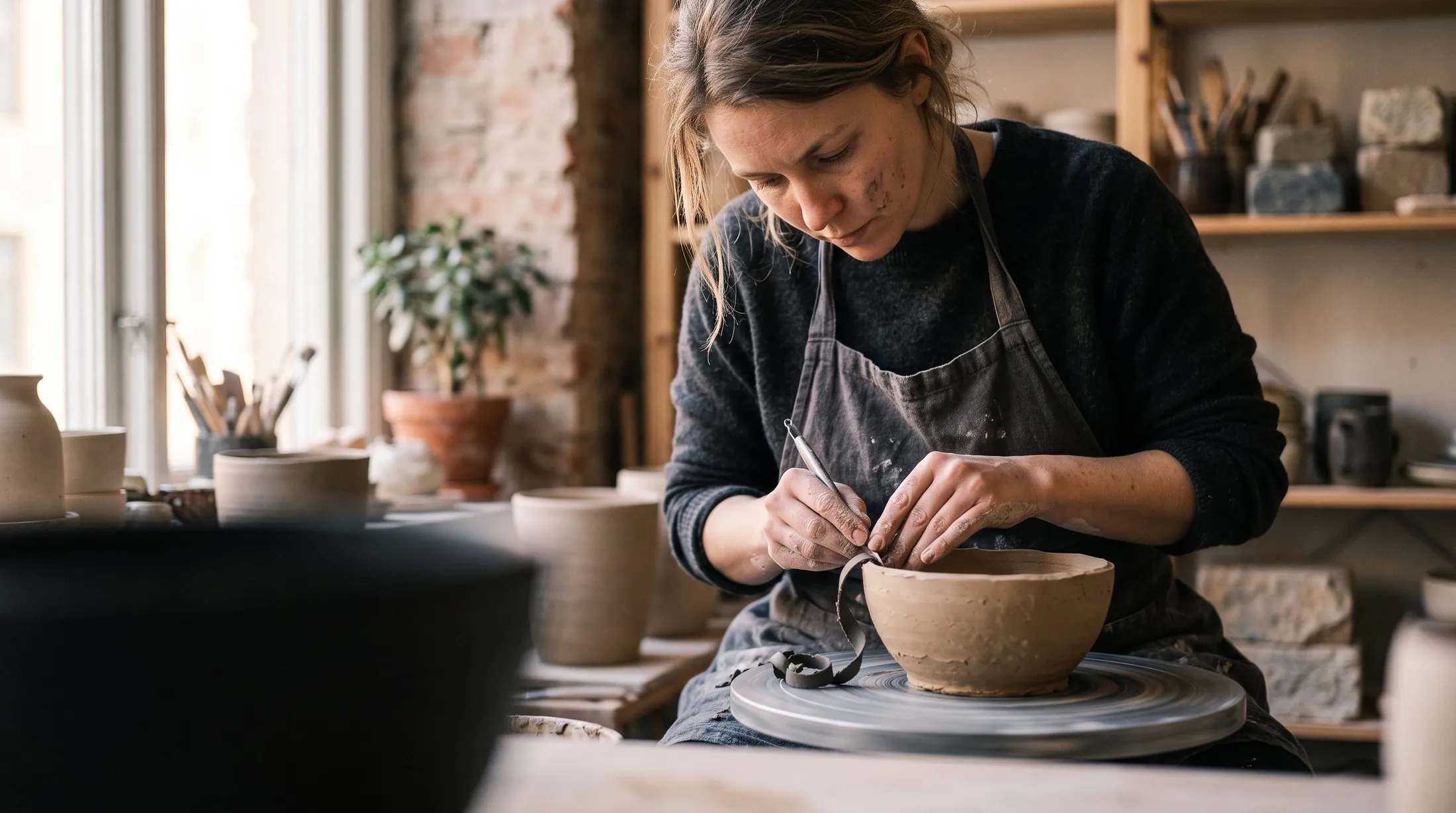 A ceramicist trimming a bowl on the wheel, tools and finished pots on the shelves behind her