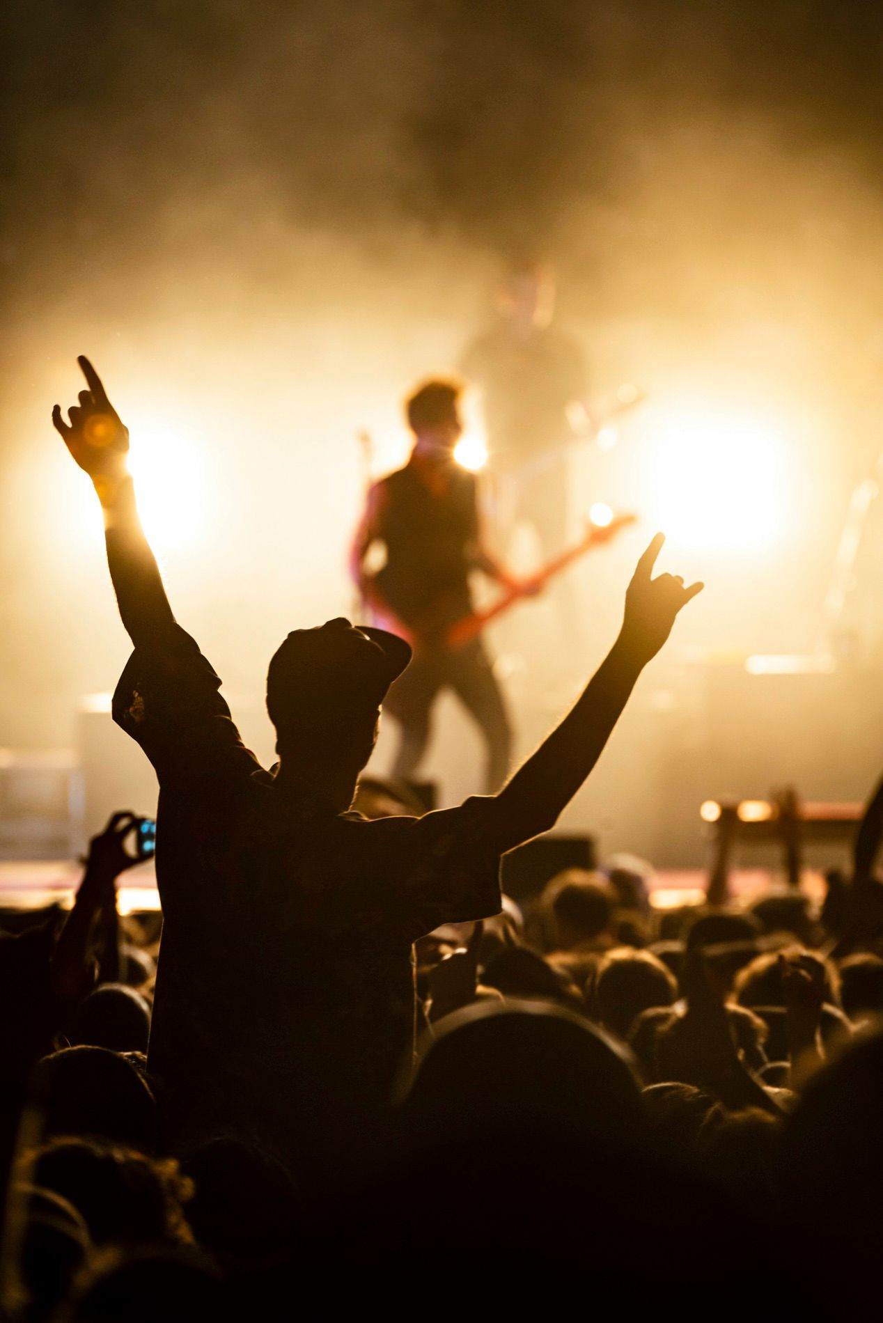 An audience in silhouette with arms raised, lit gold from the stage behind