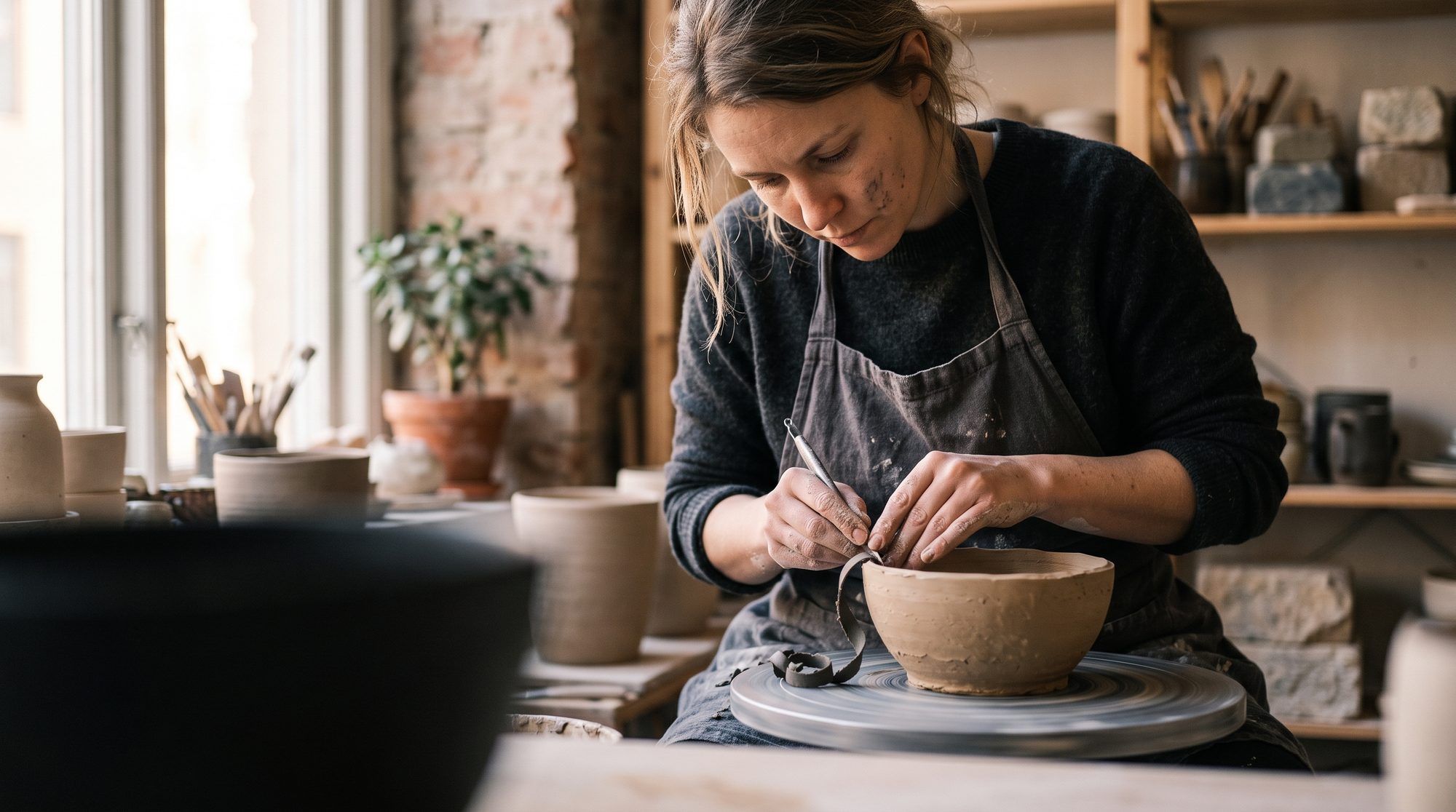 A ceramicist trimming a bowl on the wheel, tools and finished pots on the shelves behind her