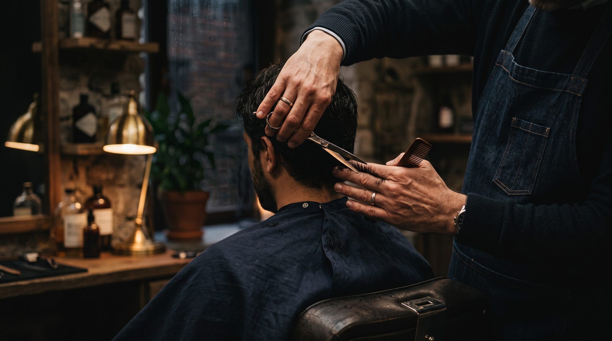 A barber cutting hair with scissors, bottles and a warm lamp on the shelf behind