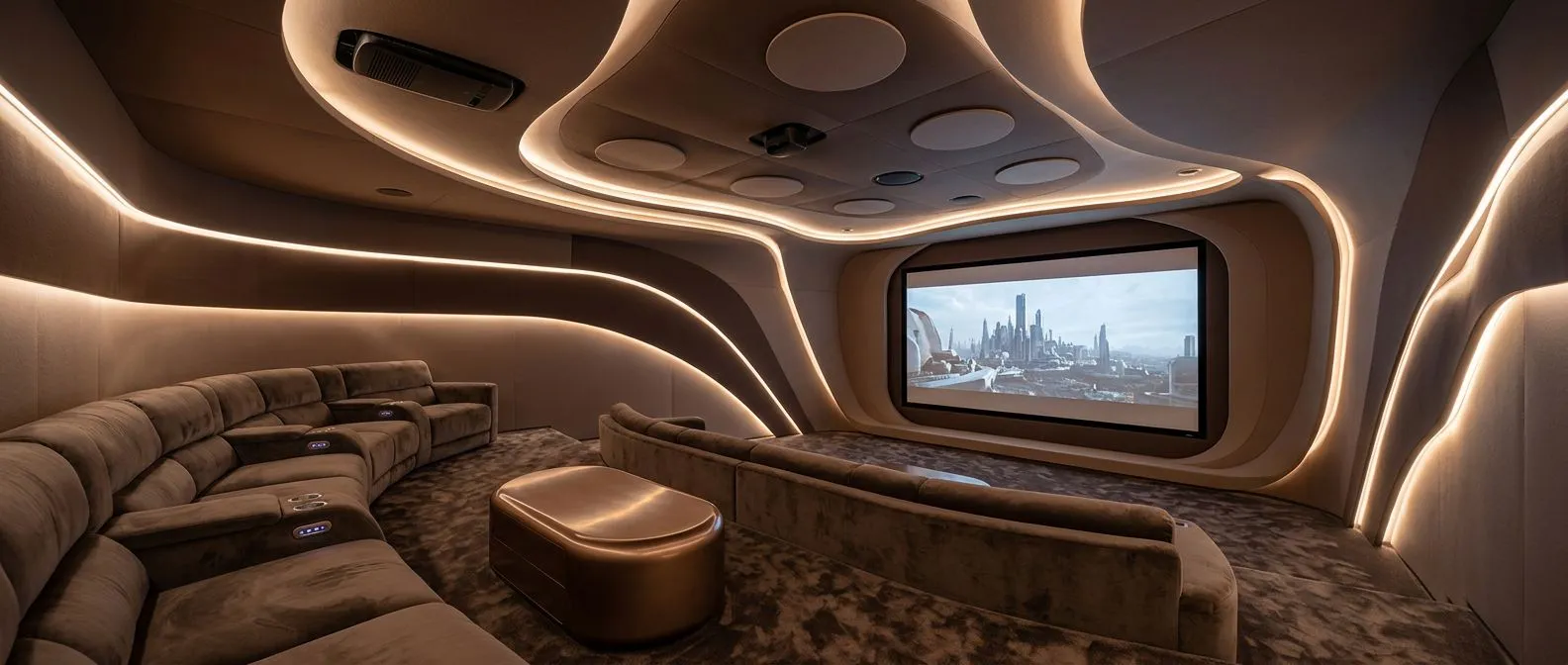 Semi-private theatre with curved lounge seating, sculpted light lines and a large screen