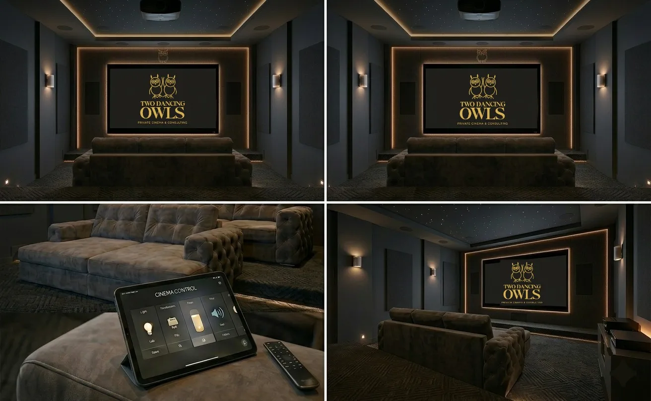 Dark velvet home cinema with the Two Dancing Owls logo on screen and a star ceiling