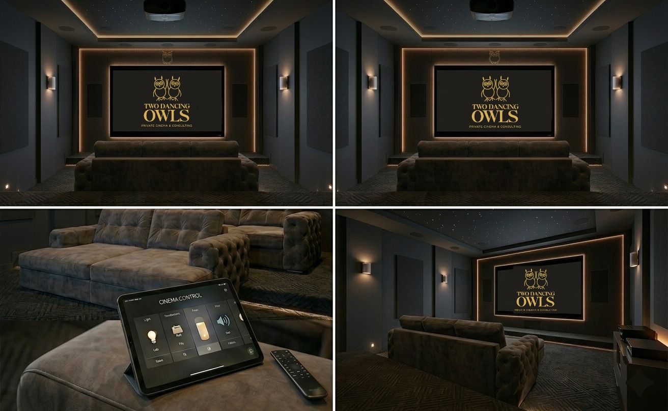 Dark velvet home cinema with the Two Dancing Owls logo on screen and a star ceiling