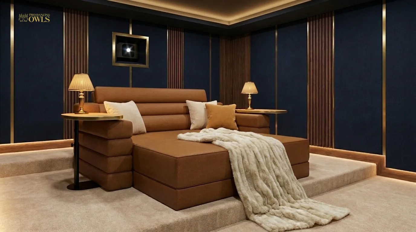 Midnight blue cinema with walnut and brass slats and a cognac daybed