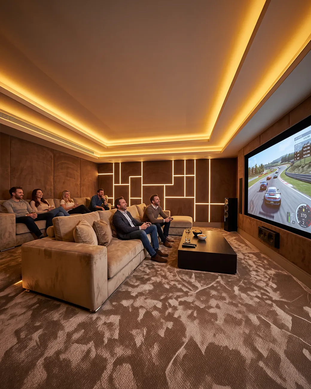 Friends gaming together in a media room with velvet sofas and a large screen