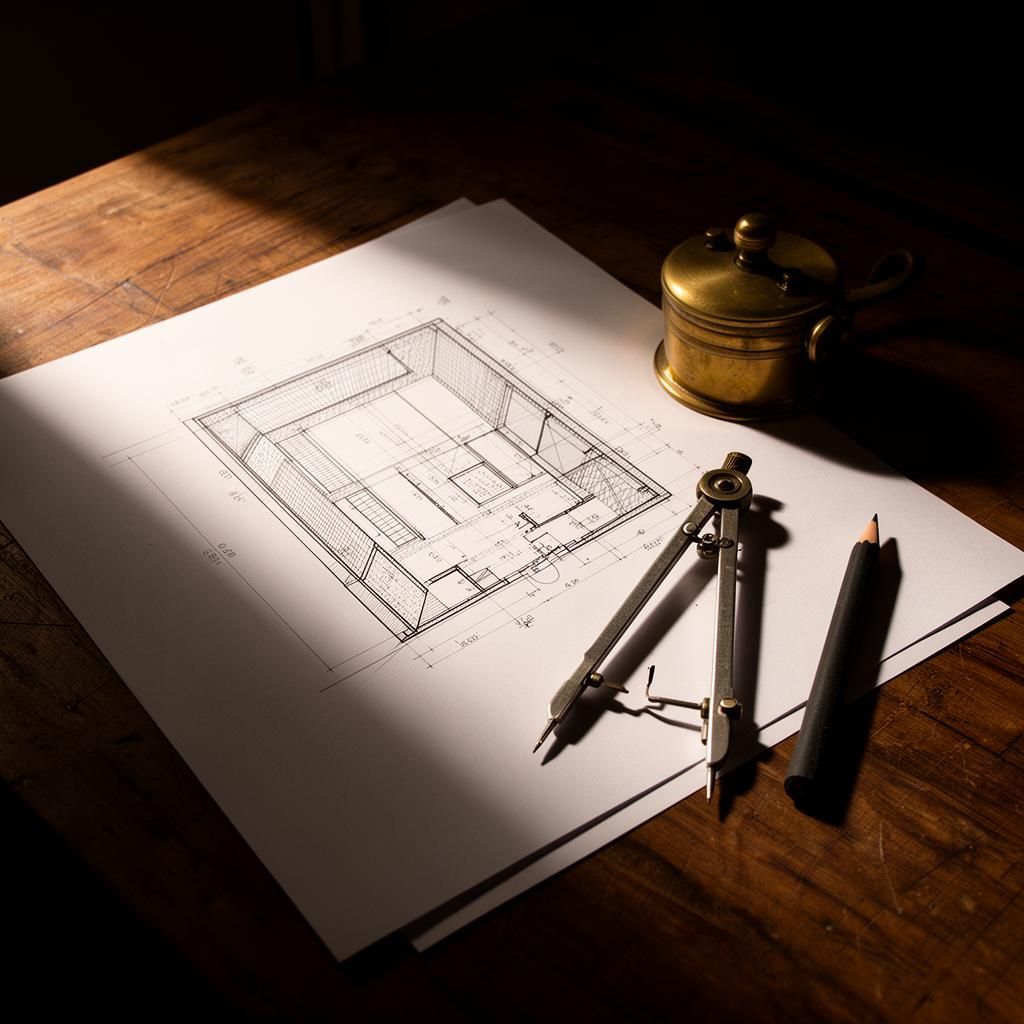 Architectural drawing of a cinema room with compass and pencil