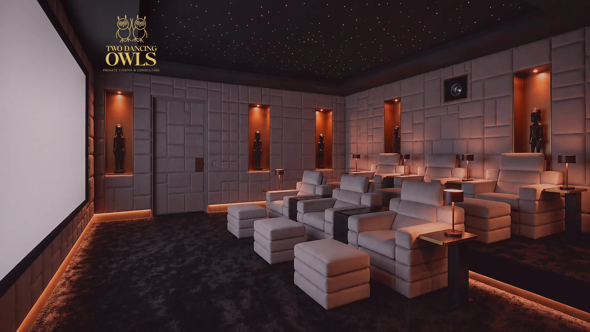 Six seat private cinema with African sculptures in lit niches and a star ceiling
