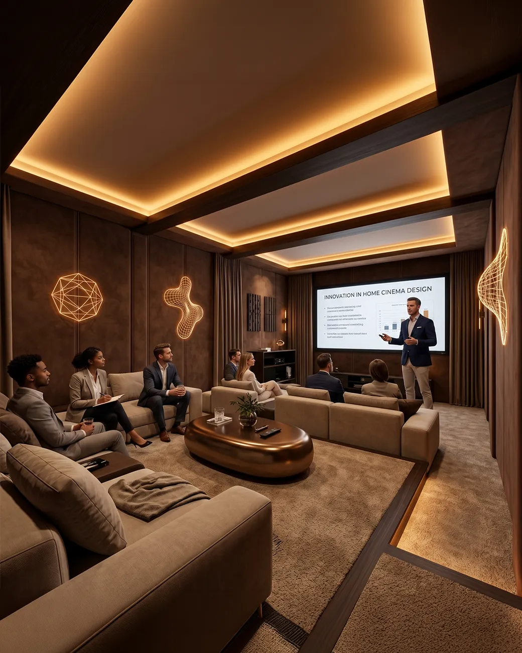 Business presentation in a shared screening room with lounge seating and sculpted light art
