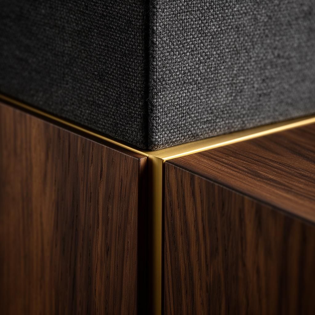 Acoustic fabric panel above walnut panelling with a brass inlay