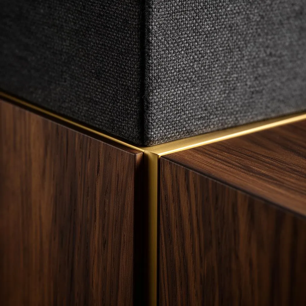 Detail of walnut panelling, a brass inlay and acoustic fabric