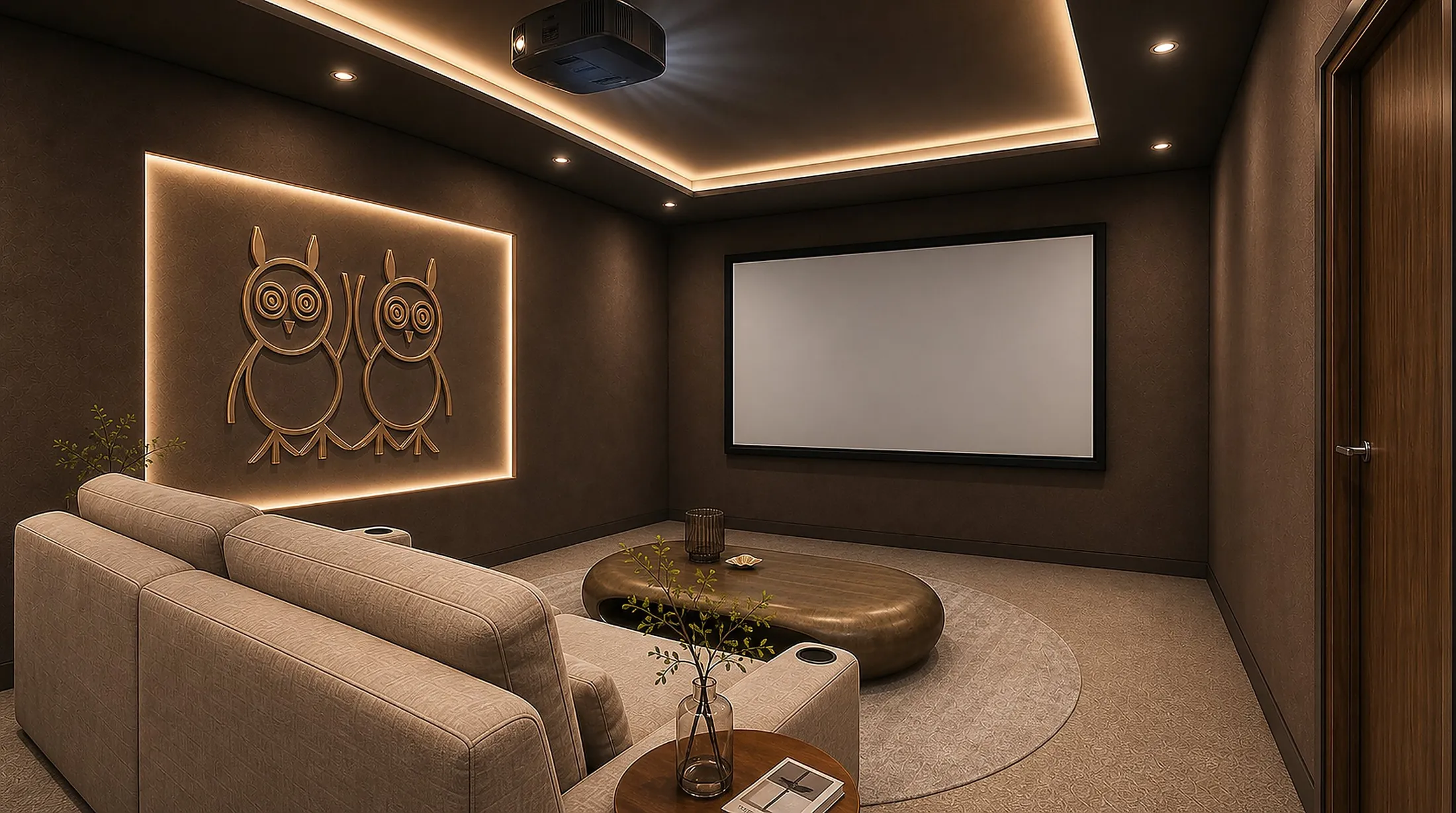Intimate home cinema with the Two Dancing Owls emblem lit on the wall