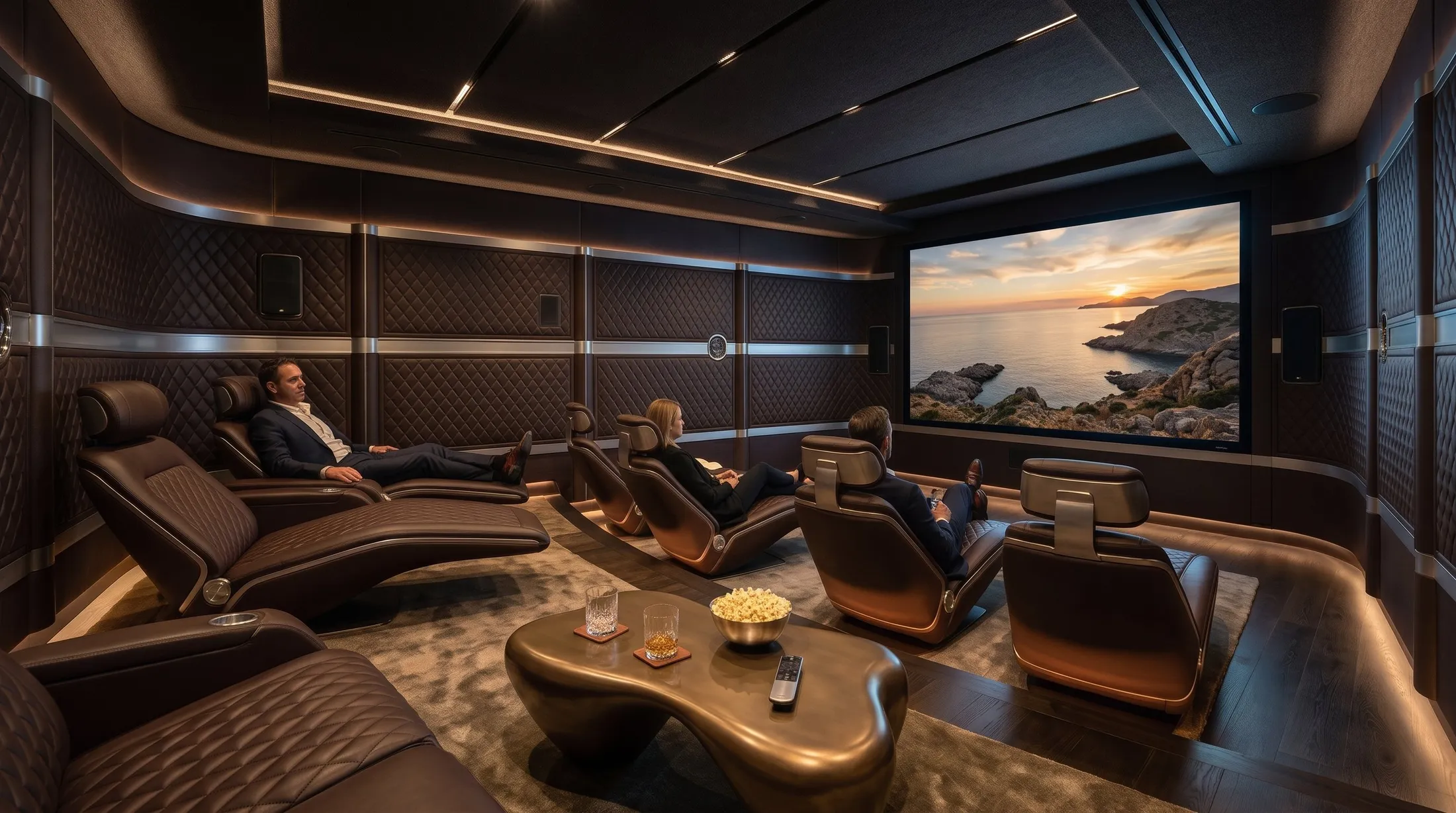 Private cinema with quilted leather walls and reclining loungers