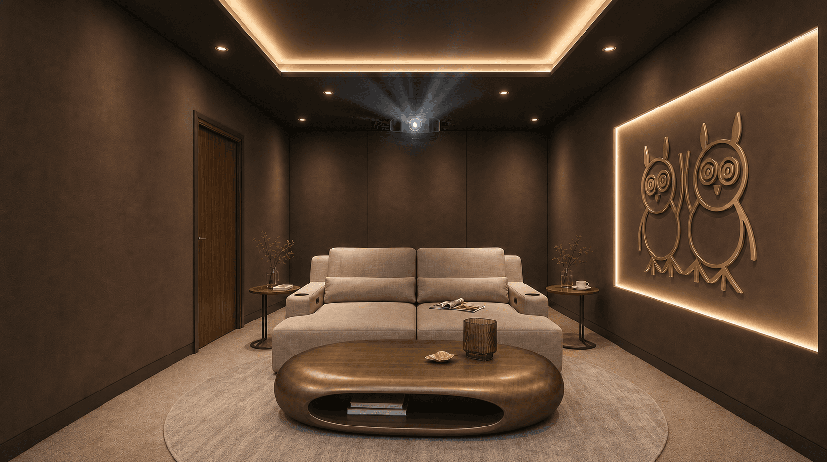 Private cinema with a large projection screen and tiered seating