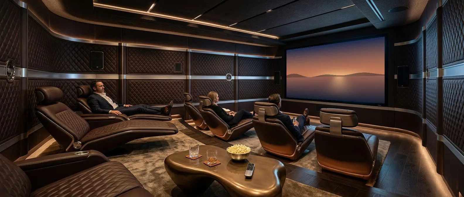 Private cinema with neutral leather loungers and ambient lighting