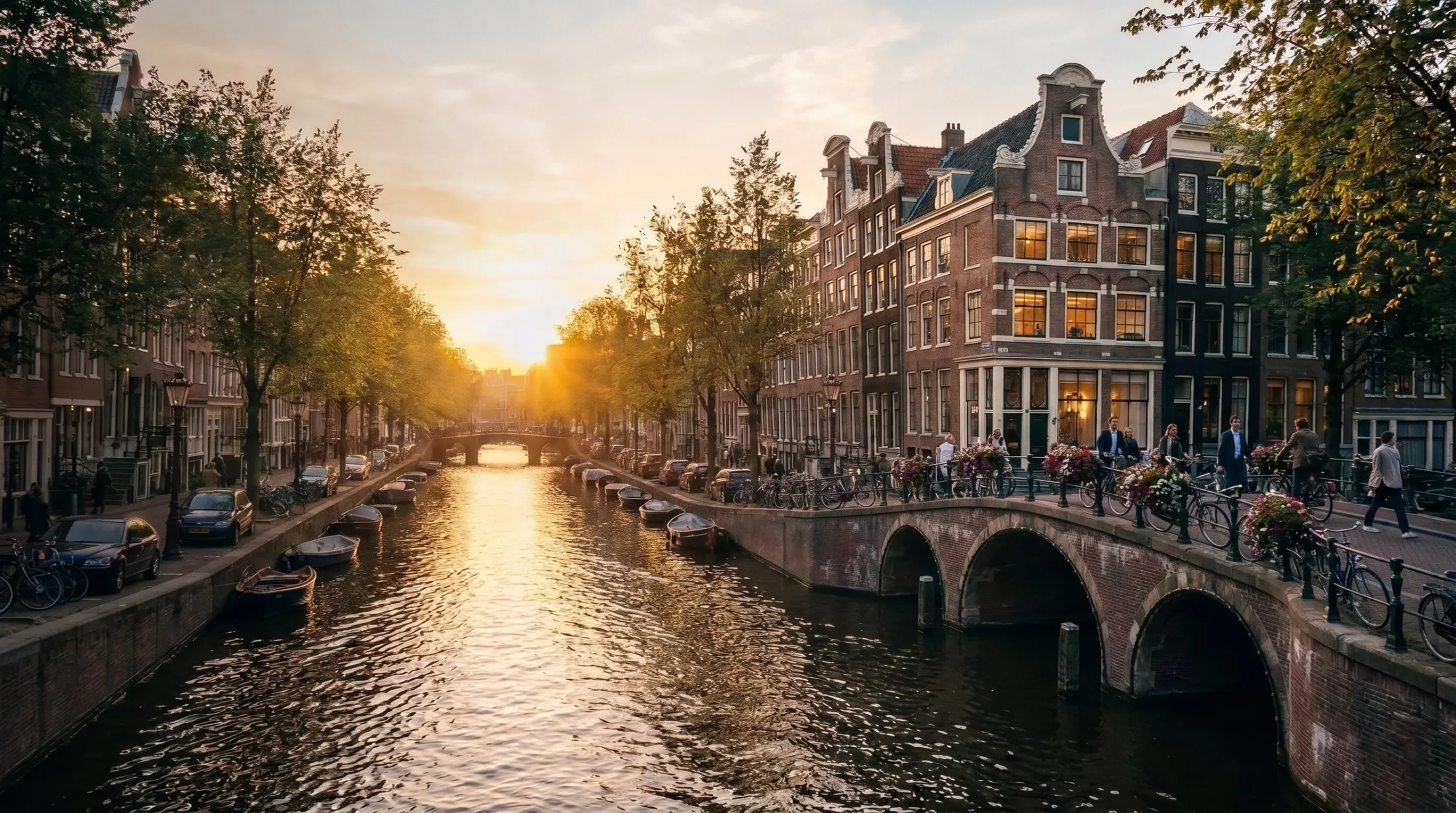 Amsterdam canal at sunset with canal houses, a brick bridge and bicycles